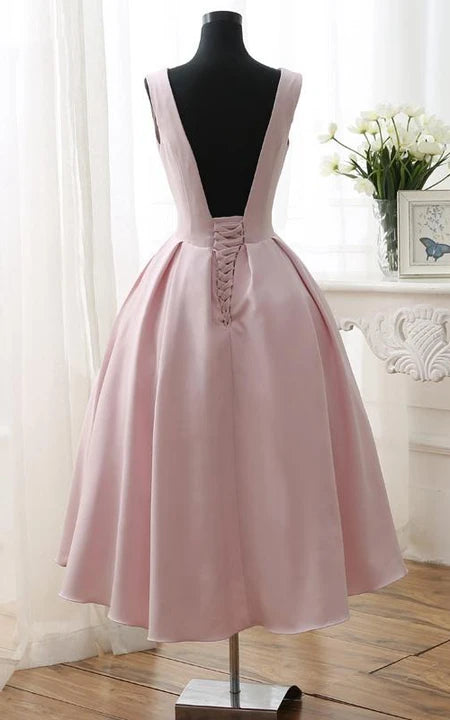Elegant Round Neck Formal A-Line Flowers Tea-Length Open Back Sleeveless Prom Dress/Dress For Formal